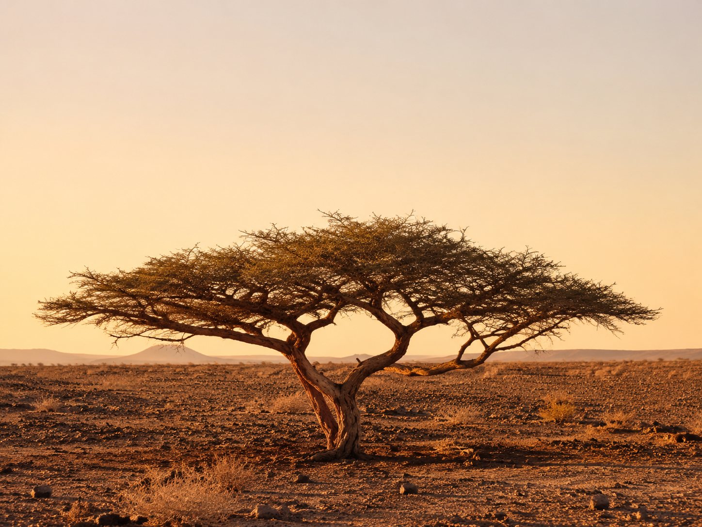 A lone umbrella acacia at sunset